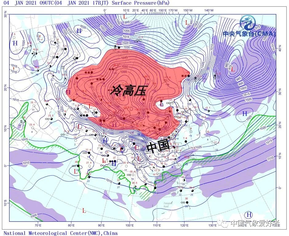 1月4日地面天气图可见,强大的冷高压已在西伯利亚形成