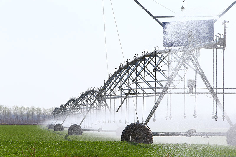 2021年2月23日，在河南省鹤壁市浚县一片高标准农田里，自走式喷灌机在为小麦浇水。