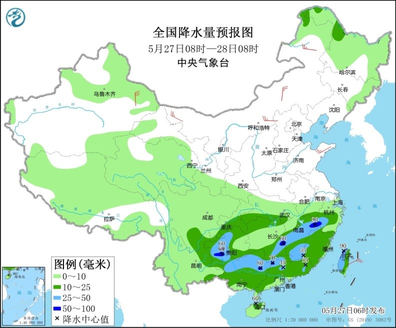 　　全国降水量预报图(5月27日08时-28日08时)